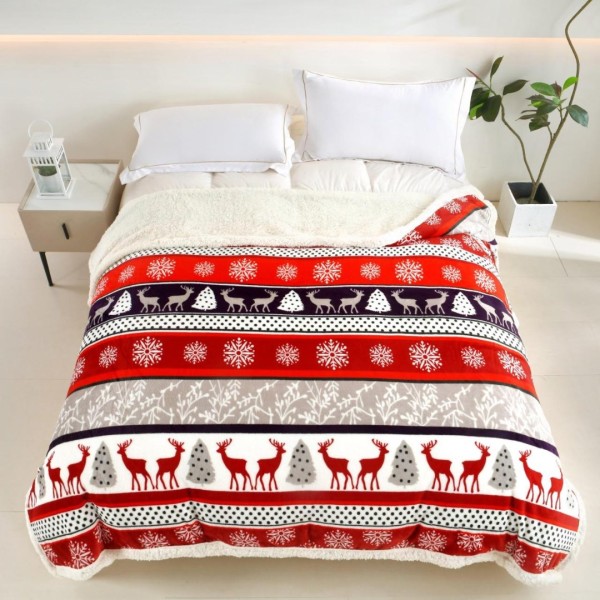   Pătură Cocolino cu Model de Crăciun, cu Blăniță Sherpa, 200x230 cm, Roșu, Alb, Reni, Dungi [1]