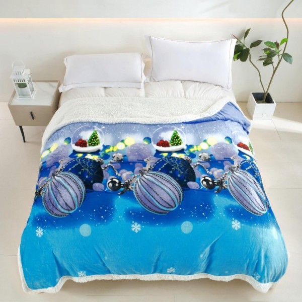   Pătură Cocolino cu Model de Crăciun, cu Blăniță Sherpa, 200x230 cm, Albastru, Globulete [1]