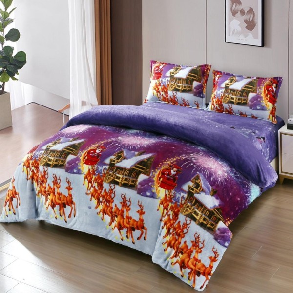 Lenjerie pat dublu, Super Pufoasa COCOLINO, cu ELASTIC, 4 piese, Mov, Sania lui Moș Craciun [1]