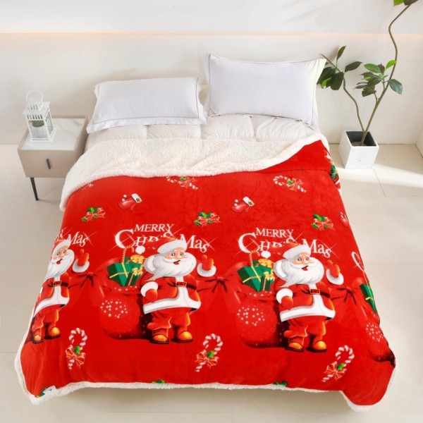   Pătură Cocolino cu Model de Crăciun, cu Blăniță Sherpa, 200x230 cm, Roșu, Moș Craciun [1]