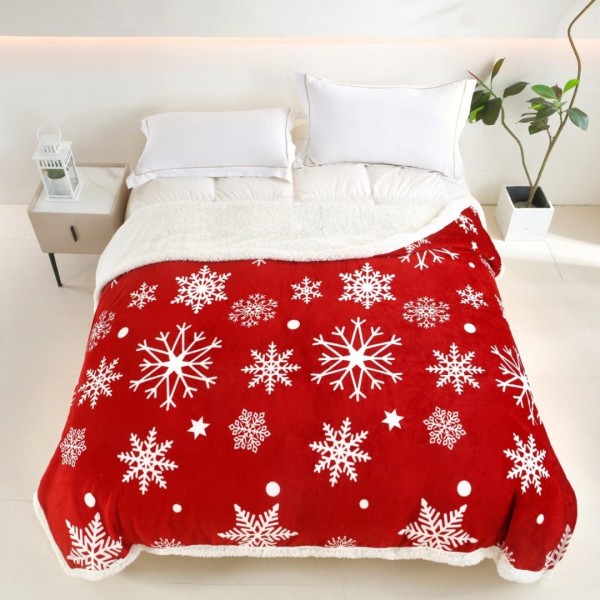   Pătură Cocolino cu Model de Crăciun, cu Blăniță Sherpa, 200x230 cm, Roșu, Fulgi de Nea [1]