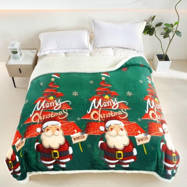   Pătură Cocolino cu Model de Crăciun, cu Blăniță Sherpa, 200x230 cm, Verde, Brazi si Moș Craciun [1]