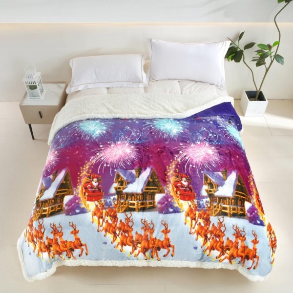   Pătură Cocolino cu Model de Crăciun, cu Blăniță Sherpa, 200x230 cm, Mov, Sania lui Moș Craciun [1]