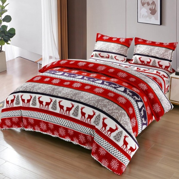 Lenjerie pat dublu, Super Pufoasa COCOLINO, cu ELASTIC, 4 piese, Roșu, Alb, Reni, Dungi [1]