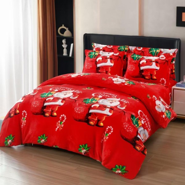 Lenjerie pat dublu, Super Pufoasa COCOLINO, cu ELASTIC, 4 piese, Roșu, Moș Craciun [1]