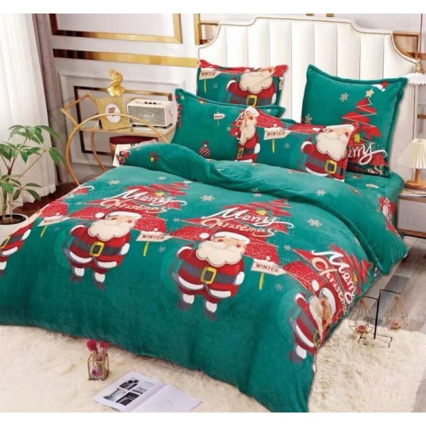 Lenjerie pat dublu, Super Pufoasa COCOLINO, cu ELASTIC, 4 piese, Verde, Moș Craciun si Brazi [1]