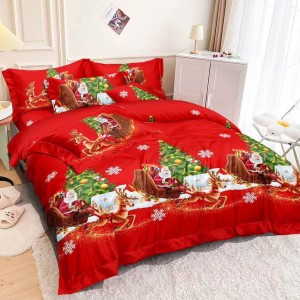 Lenjerie pat dublu, FINET, 6 piese, Mos Craciun, Rosu