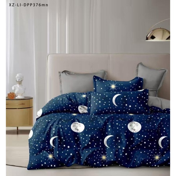 Lenjerie pat dublu, Super Pufoasa COCOLINO,cu ELASTIC, 4 piese, Albastru, Stele si Luna [1]