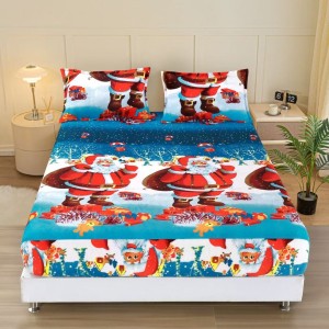 Cearsaf cu Elastic Cocolino 180x200cm si 2 fete de perna 50x70cm, Bleu, Mos Craciun