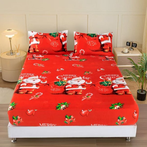 Cearsaf cu Elastic Cocolino 180x200cm si 2 fete de perna 50x70cm, Rosu, Mos Craciun, Merry Christmas [1]