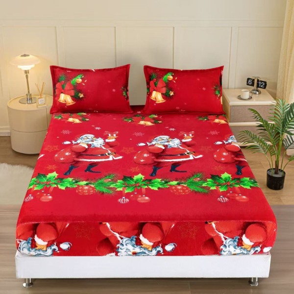 Cearsaf cu Elastic Cocolino 180x200cm si 2 fete de perna 50x70cm, Rosu, Mos Craciun [1]