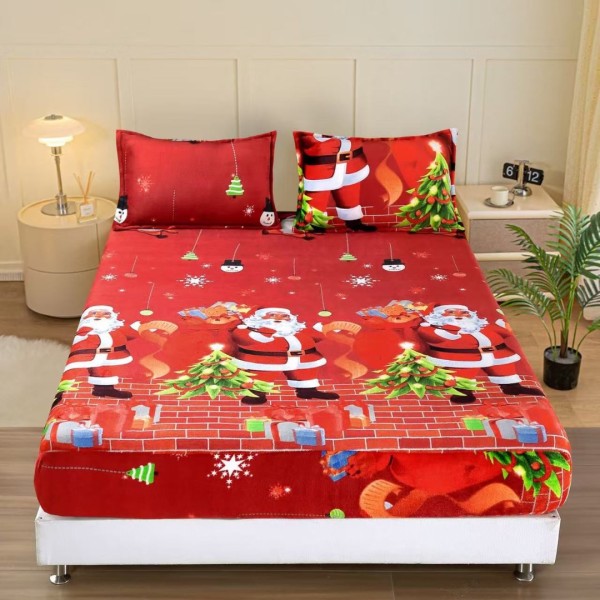 Cearsaf cu Elastic Cocolino 180x200cm si 2 fete de perna 50x70cm, Rosu, Mos Craciun, Brazi [1]