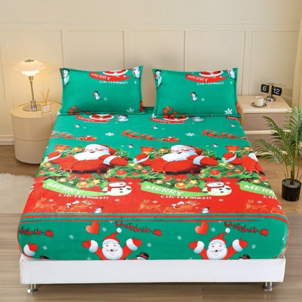 Cearsaf cu Elastic Cocolino 180x200cm si 2 fete de perna 50x70cm, Verde, Mos Craciun [1]