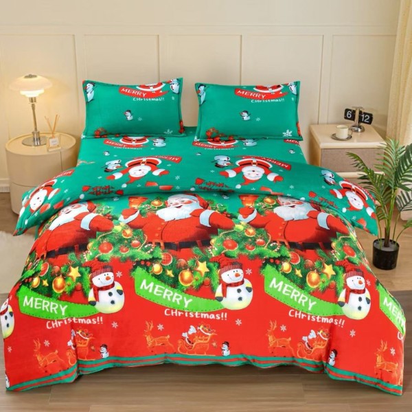 Lenjerie pat dublu, Super Pufoasa COCOLINO, cu Elastic, 4 piese, Verde, Rosu, Mos Craciun [1]
