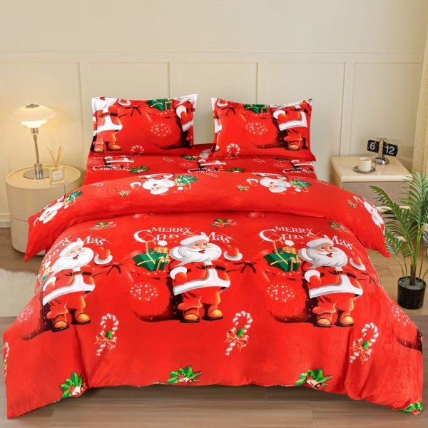 Lenjerie pat dublu, Super Pufoasa COCOLINO, cu Elastic, 4 piese, Rosu, Mos Craciun, Merry ChristMas [1]