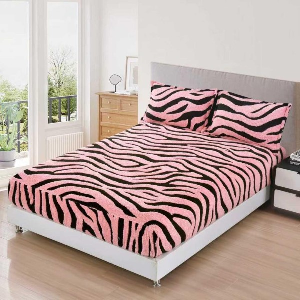 Cearsaf cu Elastic, Cocolino Sherpa Touch, 180x200cm si 2 fete de perna 50x70cm, Model Zebrat, Roz [1]