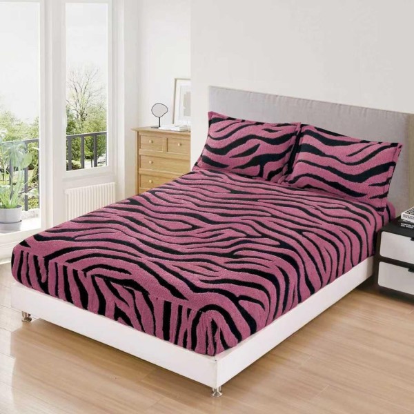 Cearsaf cu Elastic, Cocolino Sherpa Touch, 180x200cm si 2 fete de perna 50x70cm, Model Zebrat, Roz inchis [1]