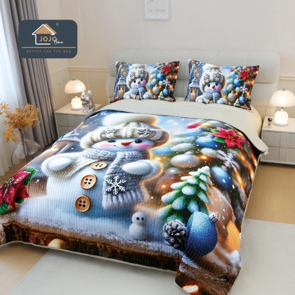 Cuvertura Matlasată, Bumbac Finet, cu Imprimeu 5D, 220x240cm + 2 fete de perna 50x70cm, Bleu, Multicolor, Om de Zapada [1]