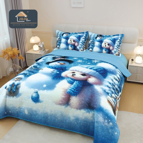 Cuvertura Matlasată, Bumbac Finet, cu Imprimeu 5D, 220x240cm + 2 fete de perna 50x70cm, Bleu, Om de Zapada [1]