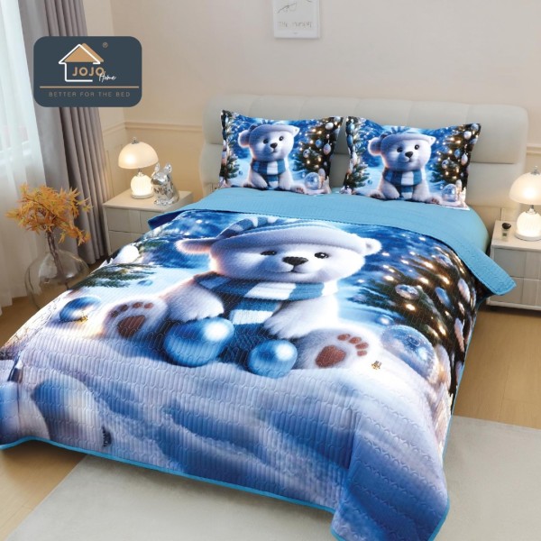 Cuvertura Matlasată, Bumbac Finet, cu Imprimeu 5D, 220x240cm + 2 fete de perna 50x70cm, Bleu, Ursuleț Polar [1]