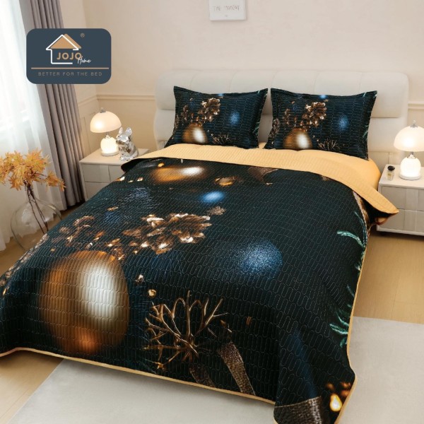 Cuvertura Matlasată, Bumbac Finet, cu Imprimeu 5D, 220x240cm + 2 fete de perna 50x70cm, Negru, Auriu, Globulete [1]