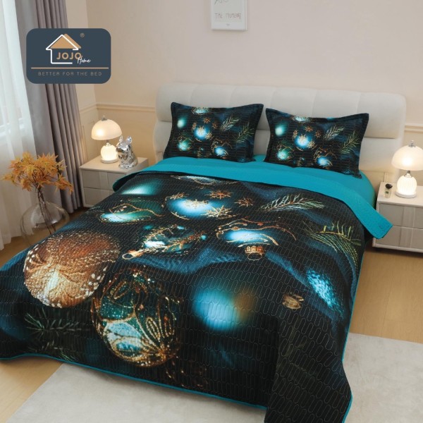 Cuvertura Matlasată, Bumbac Finet, cu Imprimeu 5D, 220x240cm + 2 fete de perna 50x70cm, Negru, Turquoise, Globulete [1]