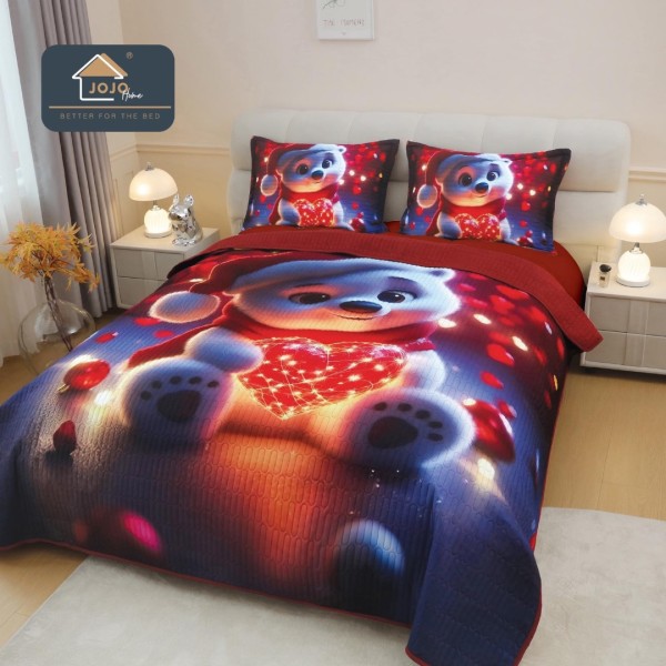Cuvertura Matlasată, Bumbac Finet, cu Imprimeu 5D, 220x240cm + 2 fete de perna 50x70cm, Bleumarin, Roșu, Ursuleț Polar cu Inimioara Luminata [1]