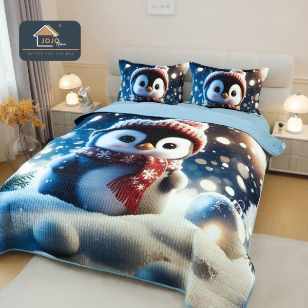 Cuvertura Matlasată, Bumbac Finet, cu Imprimeu 5D, 220x240cm + 2 fete de perna 50x70cm, Alb, Albastru, Pinguin [1]