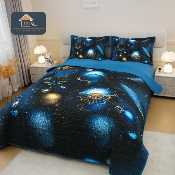 Cuvertura Matlasată, Bumbac Finet, cu Imprimeu 5D, 220x240cm + 2 fete de perna 50x70cm, Bleumarin, Globulete [1]