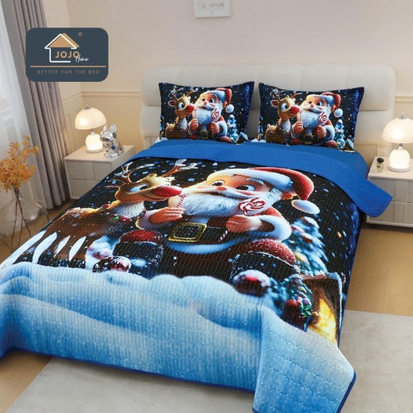 Cuvertura Matlasată, Bumbac Finet, cu Imprimeu 5D, 220x240cm + 2 fete de perna 50x70cm, Bleumarin, Bleu, Moș Crăciun si Rudolph [1]