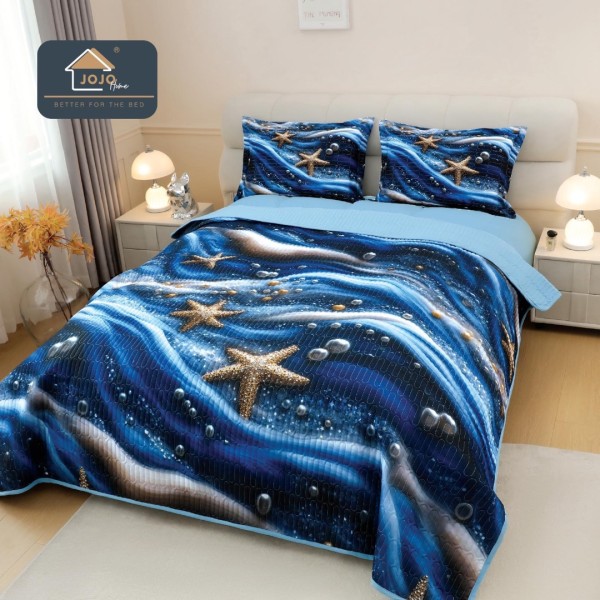 Cuvertura Matlasată, Bumbac Finet, cu Imprimeu 5D, 220x240cm + 2 fete de perna 50x70cm, Bleumarin, Bleu, Magia Crăciun in Ocean [1]