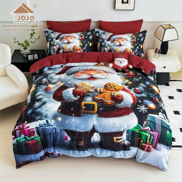 Lenjerie pat dublu, FINET, Imprimeu Digital 5D - Identic cu poza, Cu ELASTIC, 6 piese, Jojo Home, Alb, Roșu, Moș Crăciun cu Turta Dulce [1]