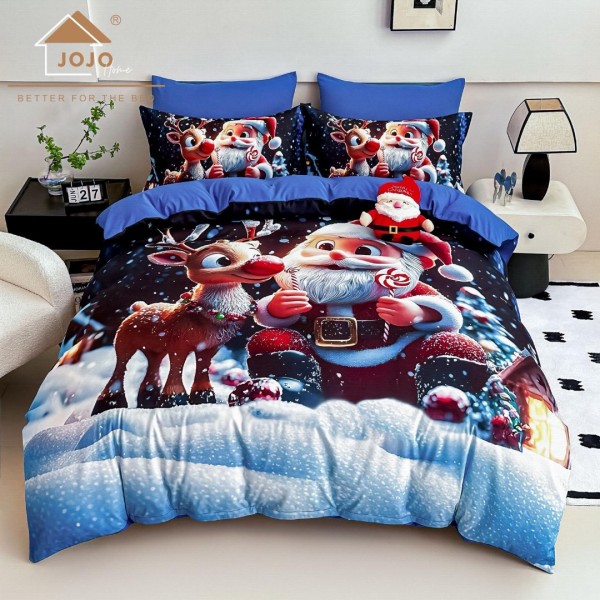 Lenjerie pat dublu, FINET, Imprimeu Digital 5D - Identic cu poza, Cu ELASTIC, 6 piese, Jojo Home, Bleumarin, Bleu, Moș Crăciun si Rudolph [1]