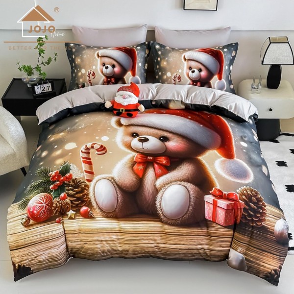 Lenjerie pat dublu, FINET, Imprimeu Digital 5D - Identic cu poza, Cu ELASTIC, 6 piese, Jojo Home, Bej, Ursuleț cu Căciula lui Moș Craciun [1]