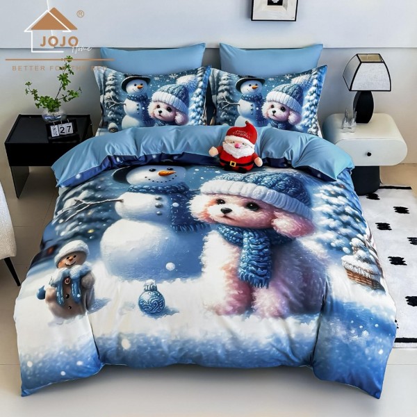 Lenjerie pat dublu, FINET, Imprimeu Digital 5D - Identic cu poza, Cu ELASTIC, 6 piese, Jojo Home, Bleu, Om de Zapada [1]