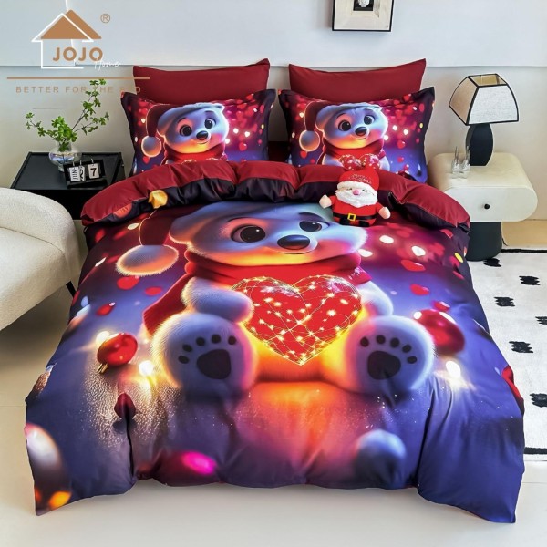 Lenjerie pat dublu, FINET, Imprimeu Digital 5D - Identic cu poza, Cu ELASTIC, 6 piese, Jojo Home, Bleumarin, Roșu, Ursuleț Polar cu Inimioara Luminata [1]