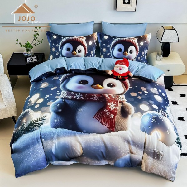 Lenjerie pat dublu, FINET, Imprimeu Digital 5D - Identic cu poza, Cu ELASTIC, 6 piese, Jojo Home, Alb, Albastru, Pinguin [1]