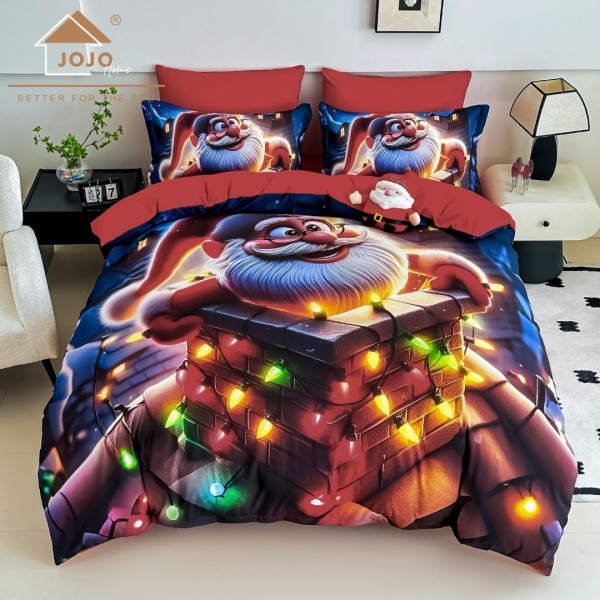 Lenjerie pat dublu, FINET, Imprimeu Digital 5D - Identic cu poza, Cu ELASTIC, 6 piese, Jojo Home, Bleumarin, Roșu, Moș Crăciun pe Horn [1]