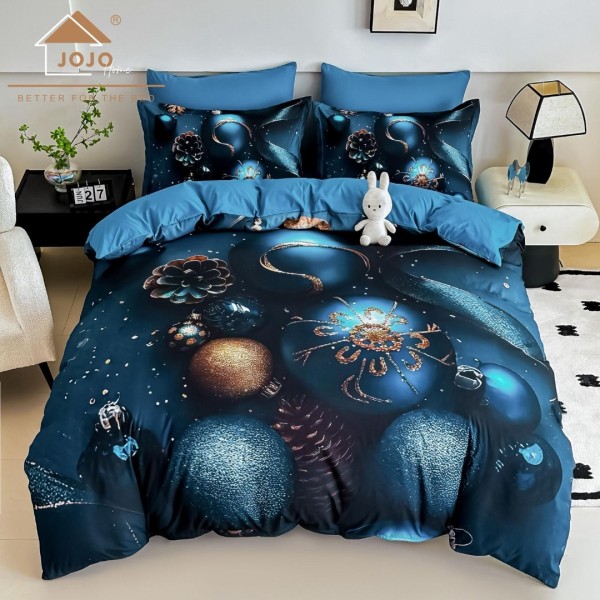 Lenjerie pat dublu, FINET, Imprimeu Digital 5D - Identic cu poza, Cu ELASTIC, 6 piese, Jojo Home, Bleumarin, Globulete [1]