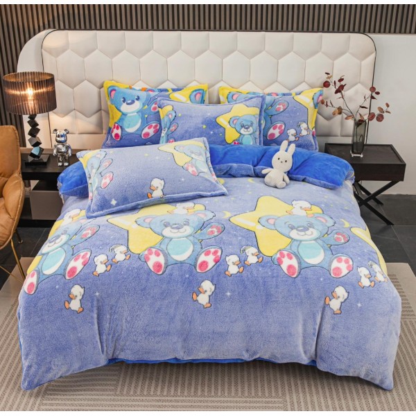 Lenjerie pat dublu, Super Pufoasa COCOLINO,cu ELASTIC, 4 piese, Jojo Home, Albastru, Stelute si Ursuleti [1]