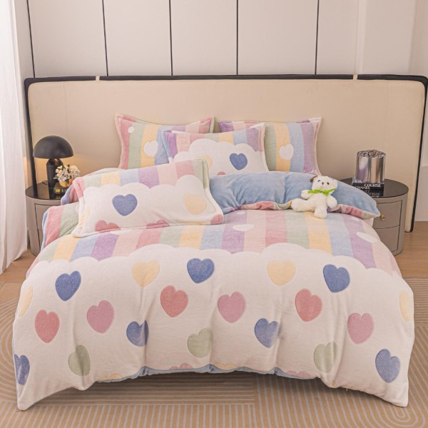 Lenjerie pat dublu, Super Pufoasa COCOLINO,cu ELASTIC, 4 piese, Jojo Home, Alb, Culori Pastel, Dungi, Inimioare [1]