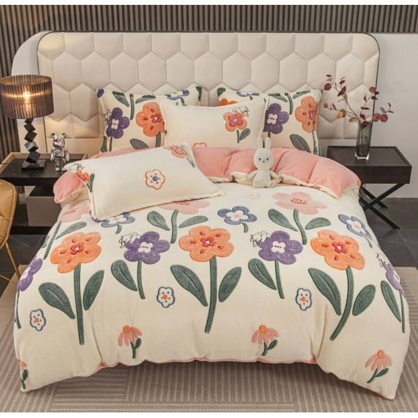 Lenjerie pat dublu, Super Pufoasa COCOLINO,cu ELASTIC, 4 piese, Jojo Home, Crem, Multicolor, Flori [1]