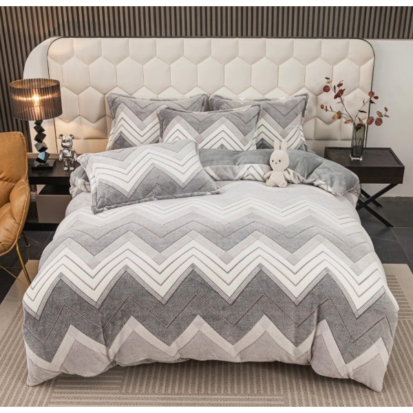 Lenjerie pat dublu, Super Pufoasa COCOLINO,cu ELASTIC, 4 piese, Jojo Home, Alb, Gri, Zig-Zag [1]