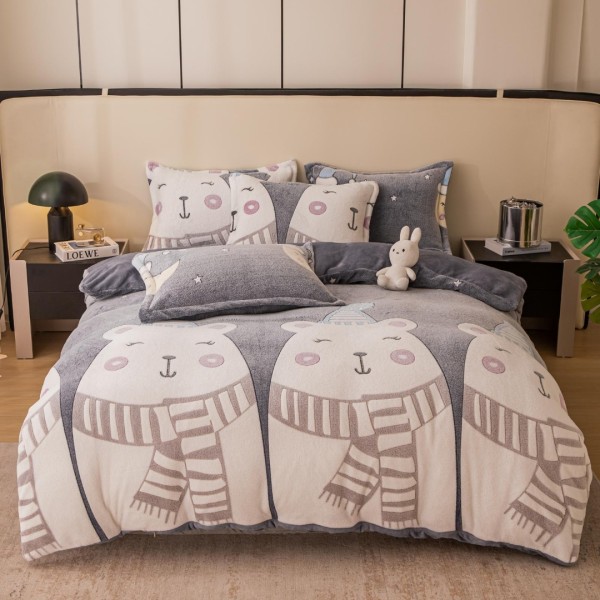 Lenjerie pat dublu, Super Pufoasa COCOLINO,cu ELASTIC, 4 piese, Jojo Home, Gri, Alb, Ursuleti cu Fular [1]