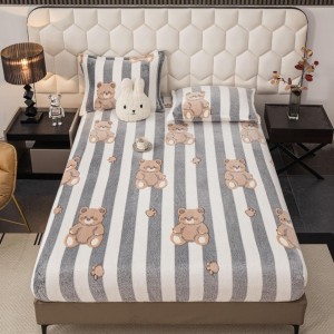 Cearsaf CoCoLiNo, JoJo Home, cu Elastic, 180x200x25cm, 2 fete de perne, 50x70cm, Alb, Gri, Dungi, Ursuleti