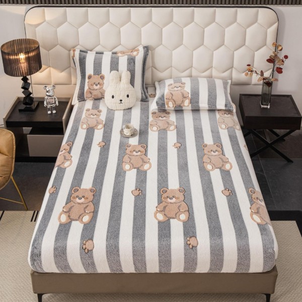 Cearsaf CoCoLiNo, JoJo Home, cu Elastic, 180x200x25cm, 2 fete de perne, 50x70cm, Alb, Gri, Dungi, Ursuleti [1]