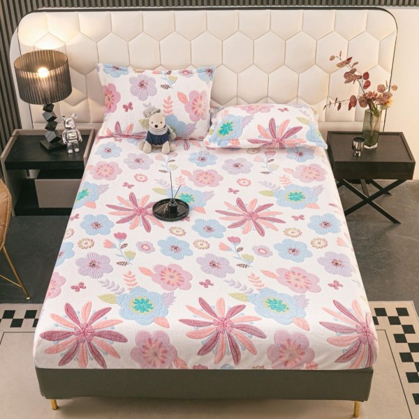 Cearsaf CoCoLiNo, JoJo Home, cu Elastic, 180x200x25cm, 2 fete de perne, 50x70cm, Alb, Roz, Flori Mari [1]