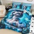 Lenjerie pat dublu, FINET, Imprimeu Digital 5D - Identic cu poza, Cu ELASTIC, 6 piese, Jojo Home, Bleu, Unicorn [2]