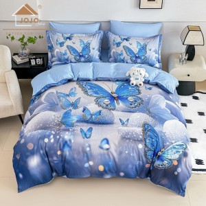 Lenjerie pat dublu, FINET, Imprimeu Digital 5D - Identic cu poza, Cu ELASTIC, 6 piese, Jojo Home, Bleu, Fluturi