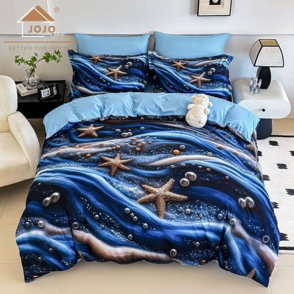 Lenjerie pat dublu, FINET, Imprimeu Digital 5D - Identic cu poza, Cu ELASTIC, 6 piese, Jojo Home, Bleumarin, Stelute de Mare, Perle [1]